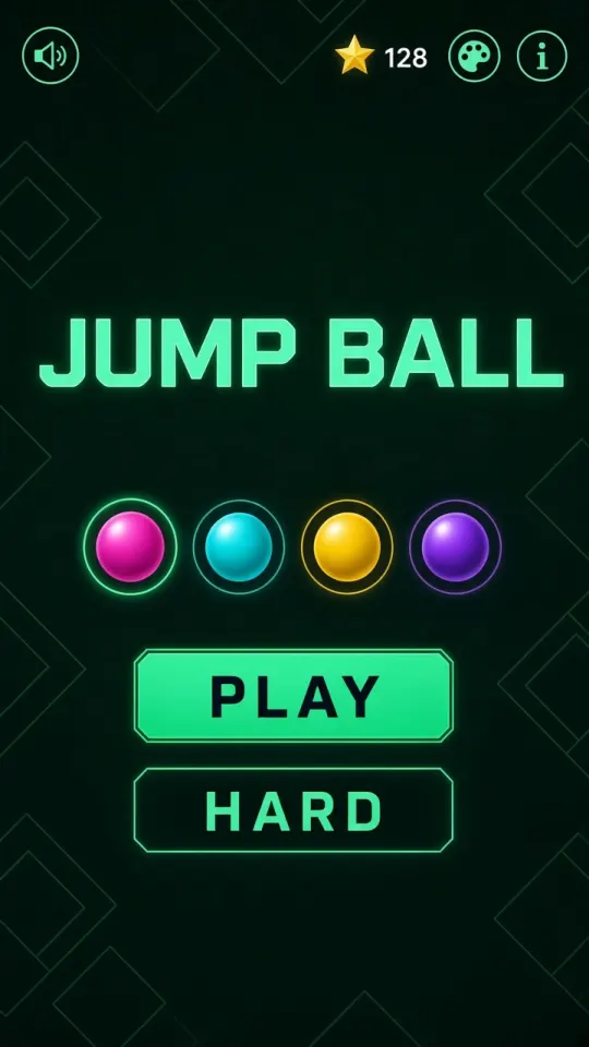 Jump Ball home screen with Play and Hard buttons and neon balls